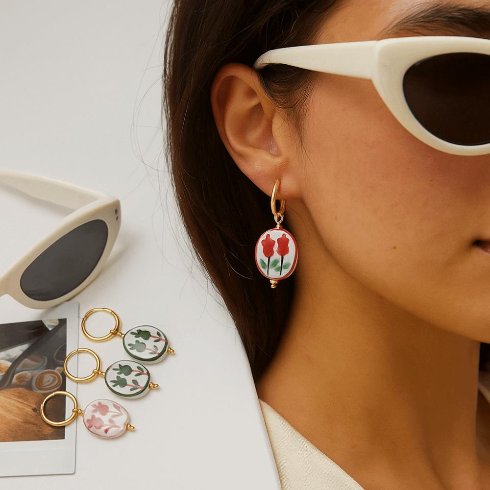 Stainless Steel Blue and White Porcelain Earrings Chinese Style Gold Hoop Earrings  Lady