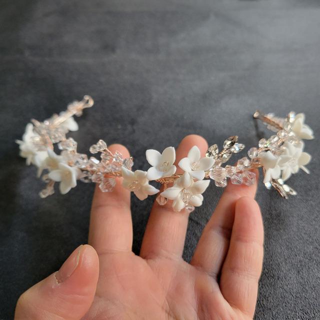 SLBRIDAL Handmade Ins Style Luxury Rhinestone Crystal Porcelain Flower Bridal Tiara Wedding Bridesmaids Crown Women Hair Jewelry