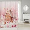 Gingerbread House Christmas Shower Curtain, Pink Waterproof Holiday Bathroom Decor with Festive Gingerbread Pattern for Bathtub