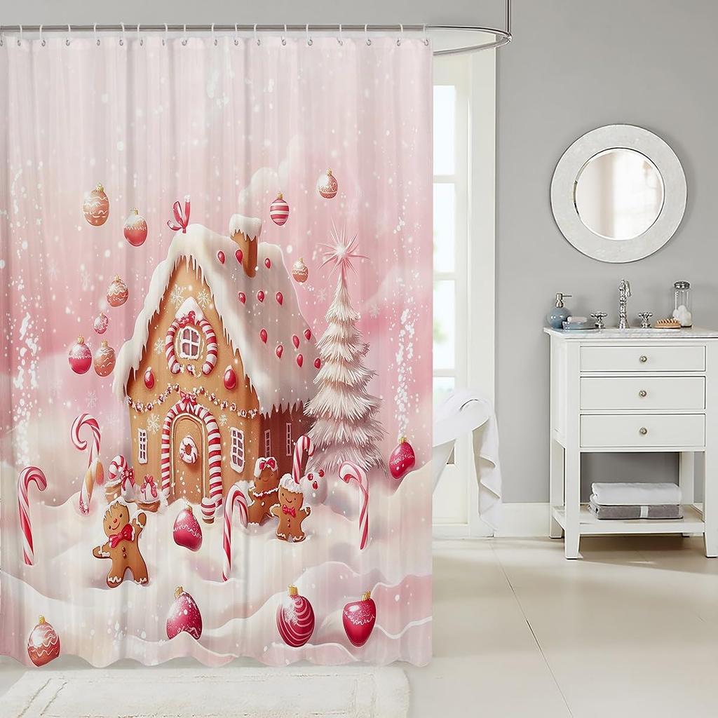 Gingerbread House Christmas Shower Curtain, Pink Waterproof Holiday Bathroom Decor with Festive Gingerbread Pattern for Bathtub