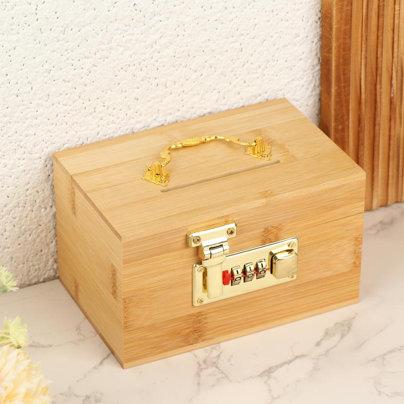 Small Wooden Treasure Savings Box Piggy Bank with Secure 3 Digit Combination Lock for Kids Home Money Storage Gift