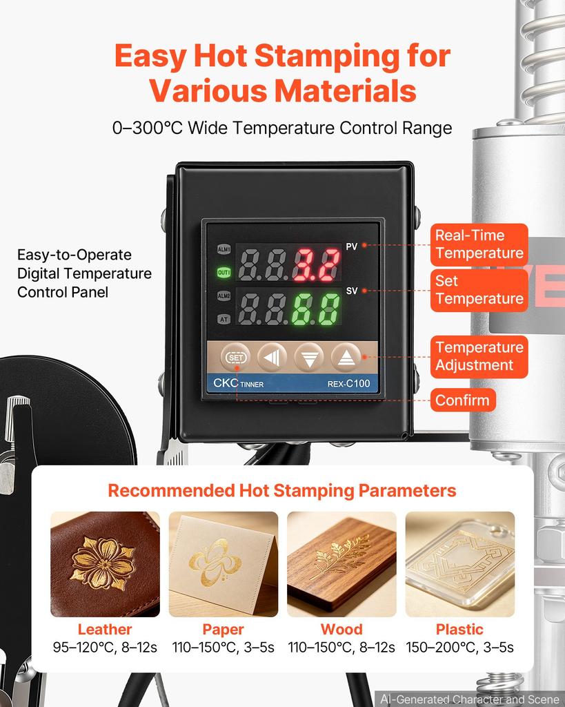 VEVOR Heated Leather Punching Machine 10 x 10 cm Leather Stamp Press, For Hot Stamping and Punching, 160 kg Pressure, 40 mm Stroke, Chuck Fixation