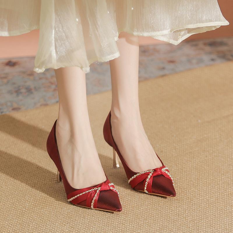 High heels women's 2025 new spring mid-heel wedding shoes bride Xiuhe wedding dress two wear bridesmaid shoes