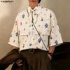 INCERUN Men Lapel Neck Short Sleeve Floral Print Lace-up Casual Hawaiian Summer Shirts