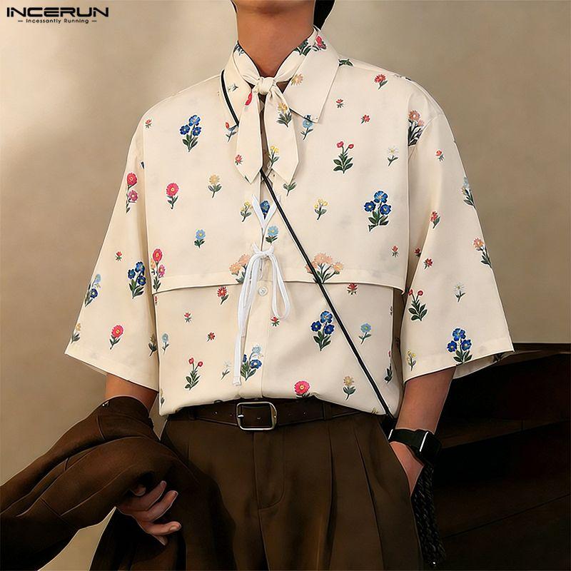 INCERUN Men Lapel Neck Short Sleeve Floral Print Lace-up Casual Hawaiian Summer Shirts