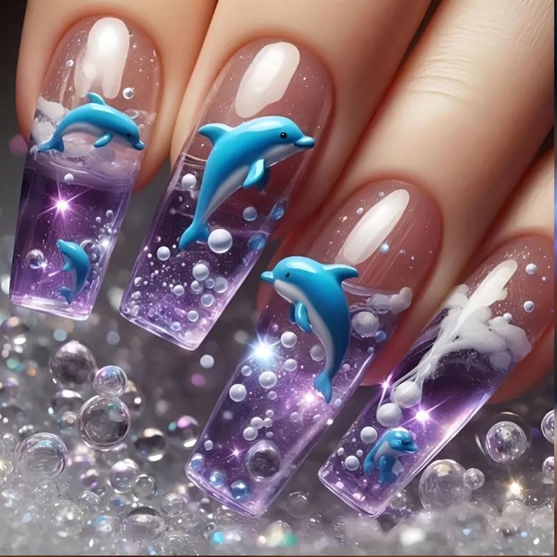 

24Pieces Blue Ice Translucent Dolphins Medium Length European Square Fakes Nail ABS Press On Nail For Women 1