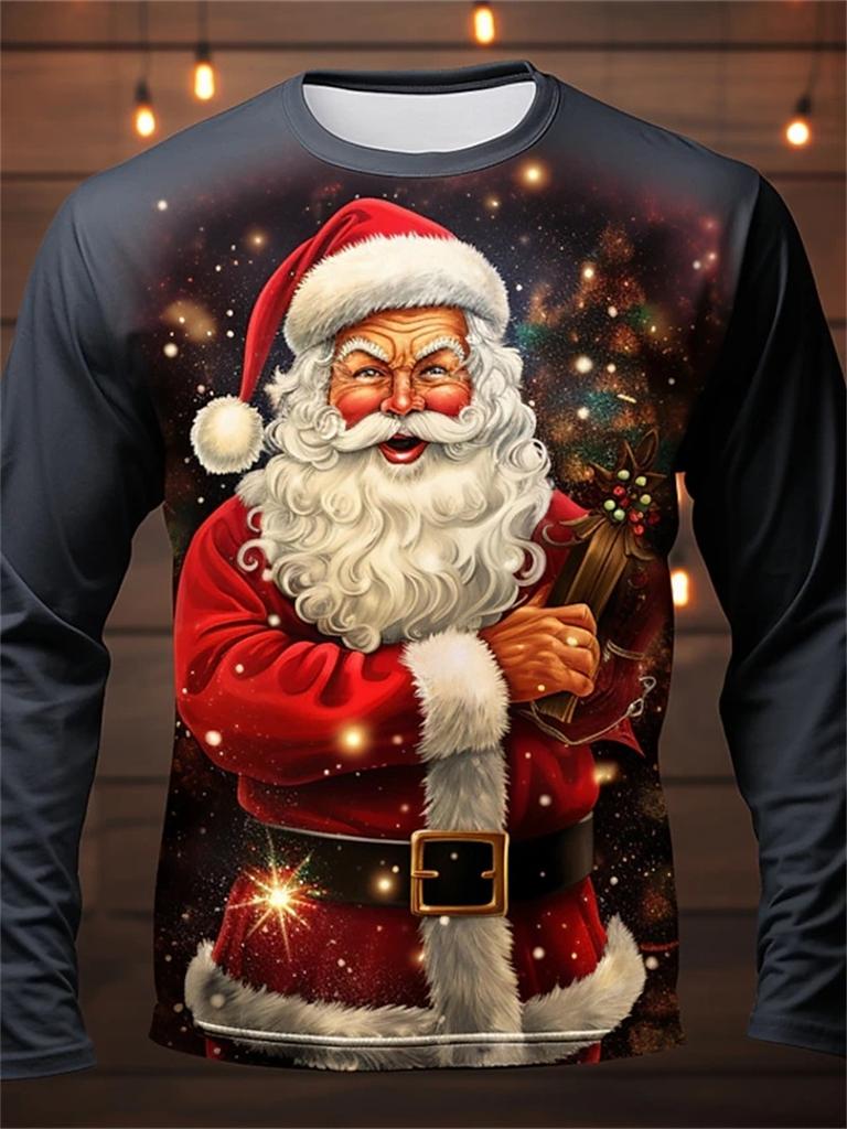 All Over Print Christmas Santa Claus Graphic Long Sleeve Tshirt For Men Casual Men's Oversized Crew Neck Tee Shirt Clothes Top