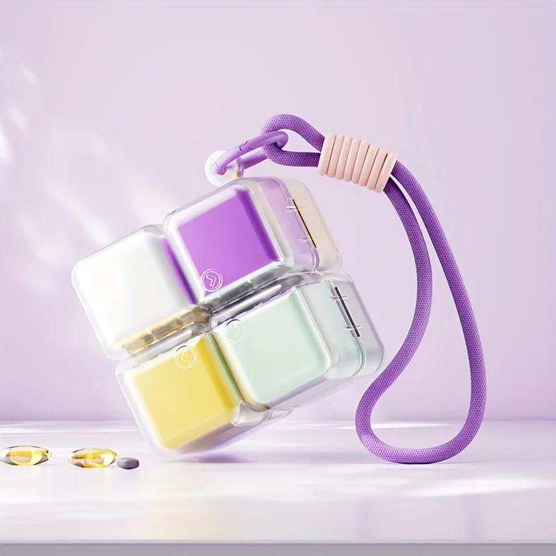 1PC Caixa de Armazenamento de Medicamentos Cubo Mágico Criativo de 8 Compartimentos - Selada e à Prova de Umidade, Vem com Cordão para Pendurar - Essencial para Viagem