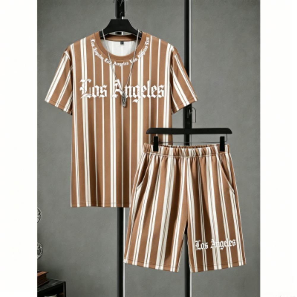 Men's Set Stripe Printed Men's T-shirt and Shorts 2 Piece Set Summer Casual Outdoor Men's and Women's T-shirt Sets