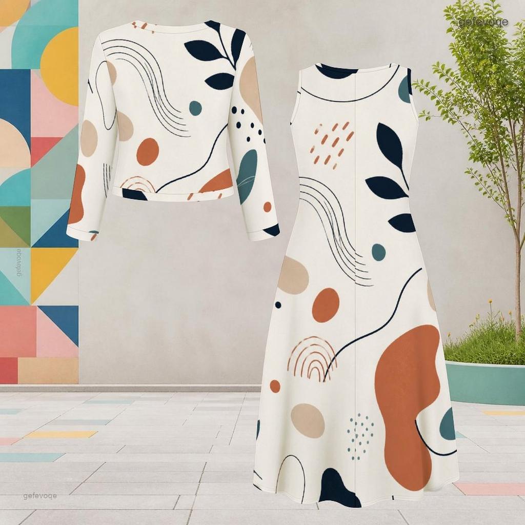 Women Plus Size Two Piece Dress Set Round Neck Long Sleeve Abstract Printed Cardigan Sleeveless Midi Dress