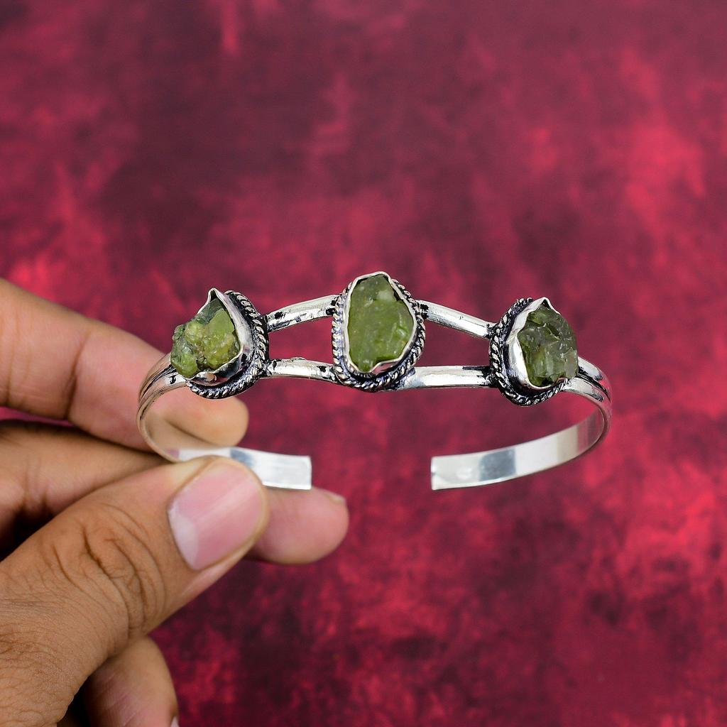 Rough Peridot Gemstone 925 Solid Sterling Silver Jewelry, Handmade Gorgeous Adjustable Bracelet For Wedding Gift