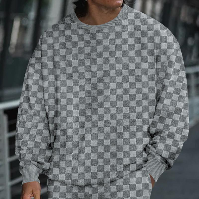 Men's Autumn and Winter Heavy Jacquard Checkerboard Checkerboard T-shirt Men's T-shirt Round Neck Casual Bottoming Shirt Knitted Long-sleeved T-shirt