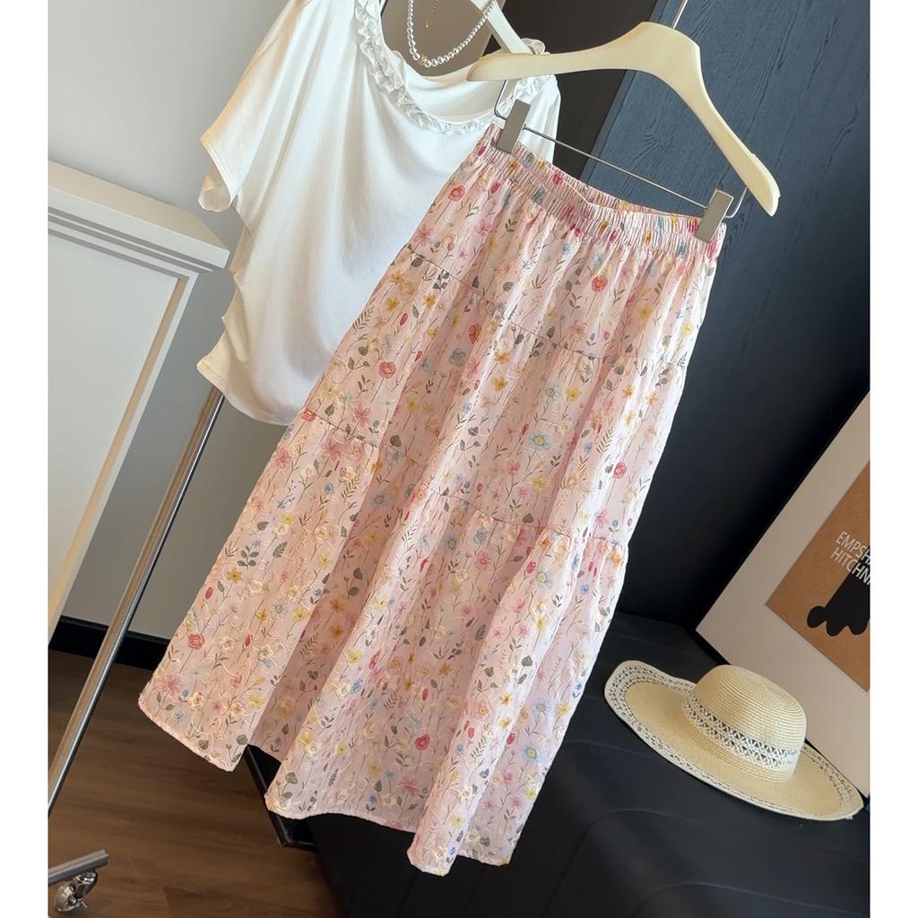 Women's Elastic Waist Maxi Skirt A Line Floral Embroidery Tiered Swing Skirt