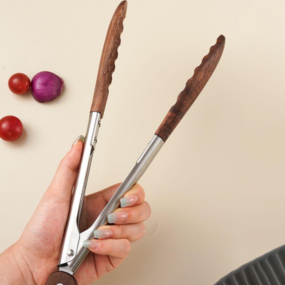 Wood Head Salad Bread Dessert Tong Non-slip Food Clamp Durable BBQ Grilling Tong Cooking
