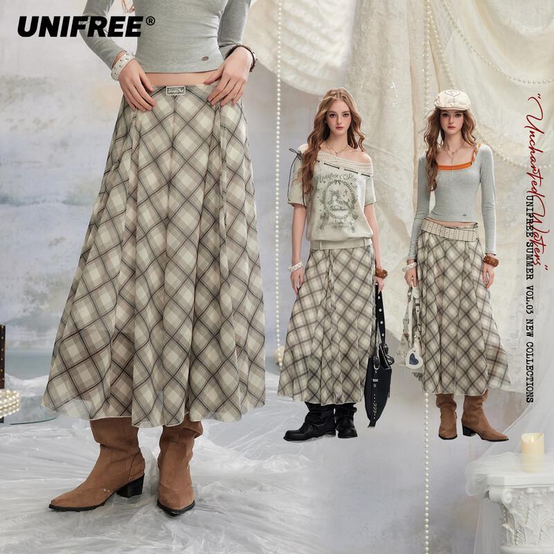 UNIFREE French Style Plaid High-Waist Long Skirt S