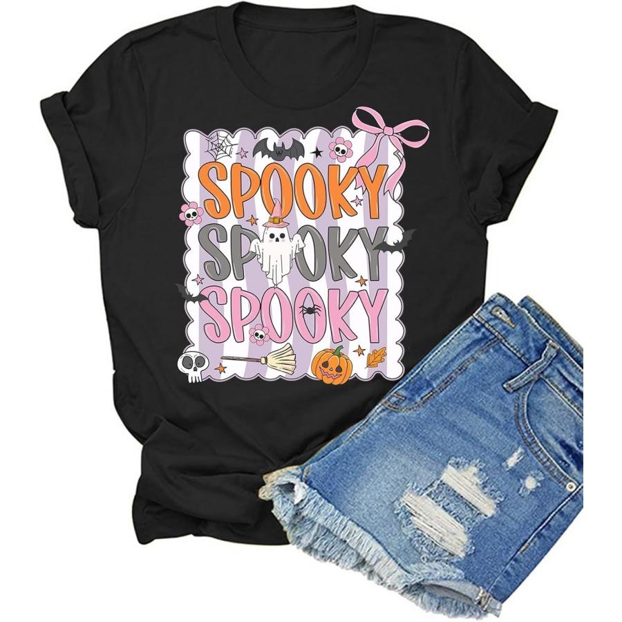 HONTOUTE Womens Halloween Spooky Cute Graphic T-Shirt Pumpkin Season Short Sleeve Summer Ghost Crewneck Fit Tees Tops S