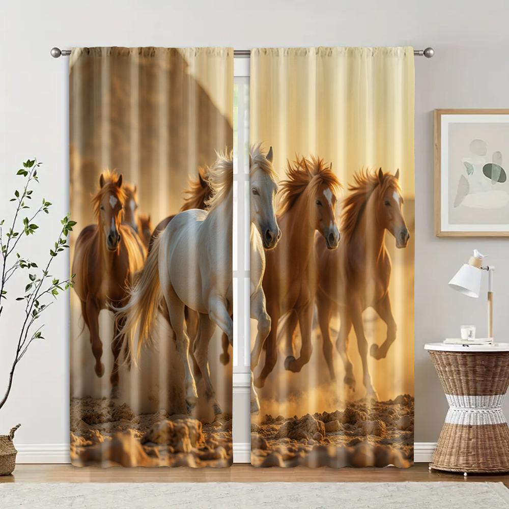 2 pcs, filtering curtains (excluding rods, non-movable, without batteries) Galloping Horses for use in bedrooms and living rooms