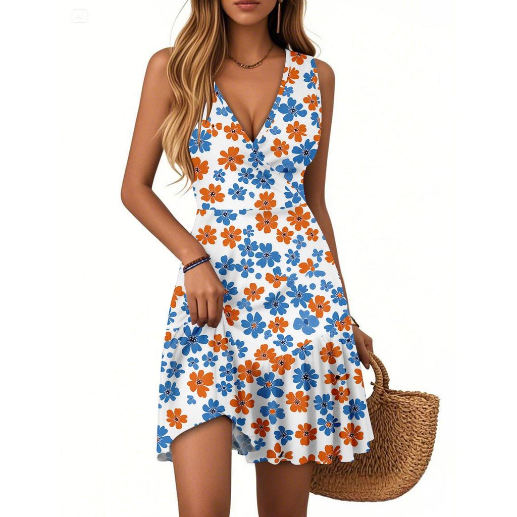 Women's Summer Dress V Neck Sleeveless Casual Floral Print Hem Pleated Dress