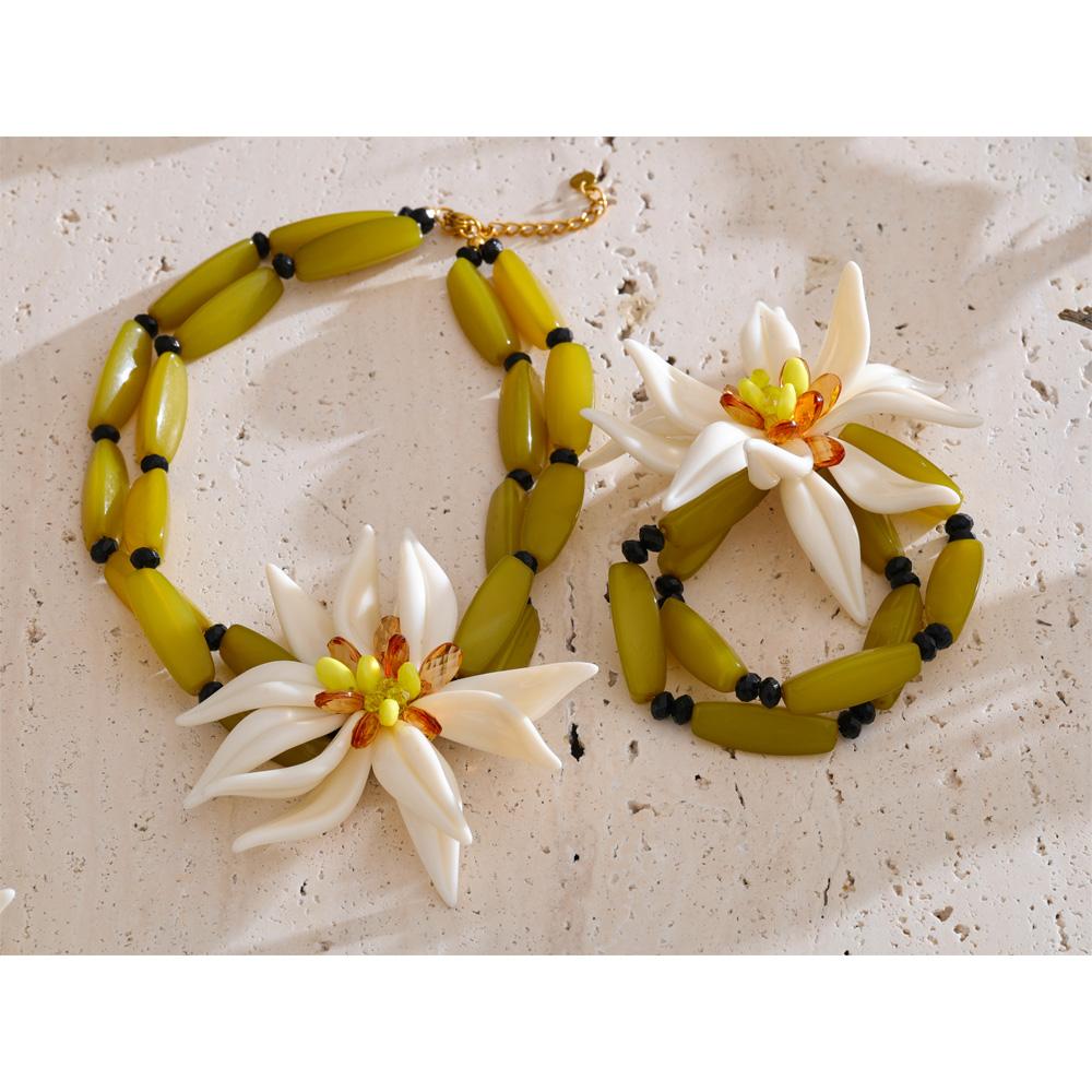 Yhpup Waterproof Trendy Petal Flower Handmade Necklace Bracelet Earrings Ring Fashion Stainless Steel PVD Plated Popular Jewelry