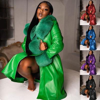 Women Coat Fashion Casual Solid Color Long Sleeve Pu Leather Fur Turn Down Collar Zipper Warm Autumn Winter