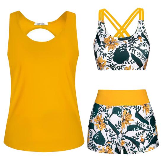 3Pcs/Set Women Bikini Set U-Neck Padded No Wire Bra Swimming Tops Swimming Trunks Set Beach Swimwear