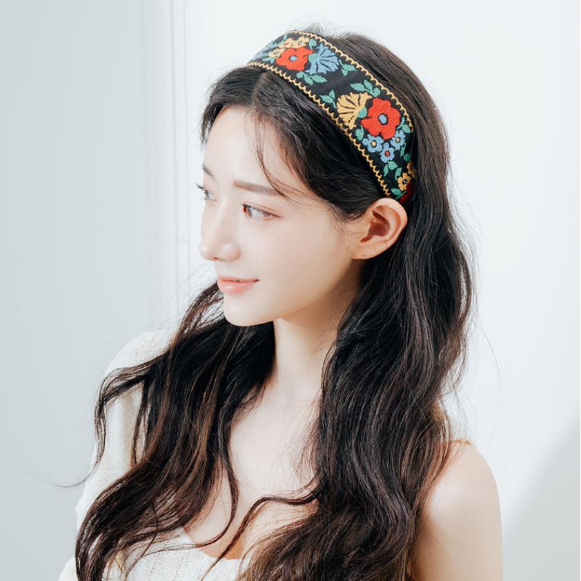 New Bohemian Style Embroidery Headbands Ethnic Wide-brimmed Hair Hoop Leaf Flower Pattern Hair Accessories Headwear for Girls