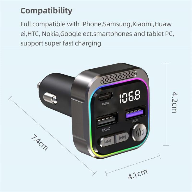 Car Bluetooth 5.3 Fm Transmitter Adapter For Car 60W Pd+Qc3.0 Quick Charging Rgb Light Wireless Music Radio Modulator Player