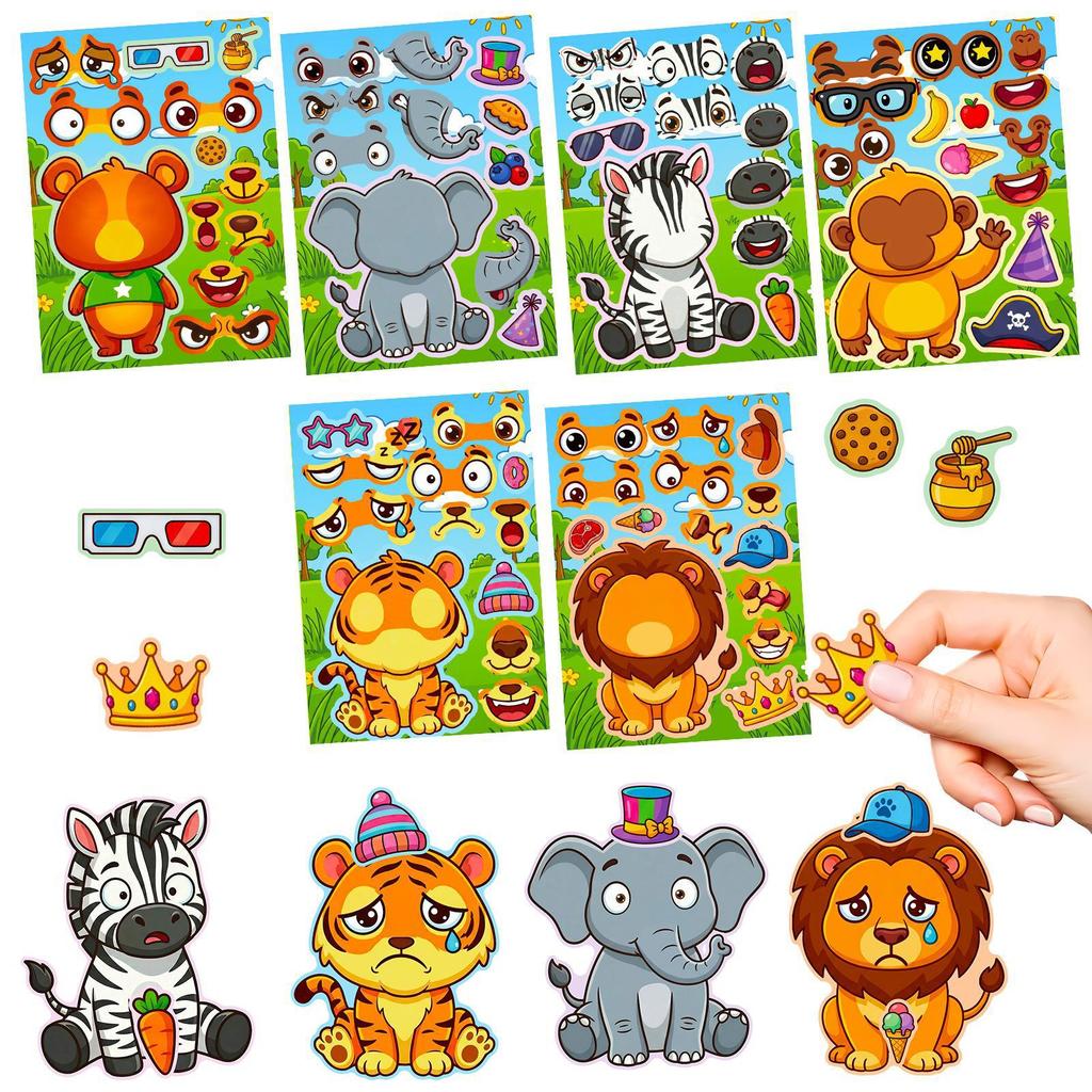 6 Sheets/Pack Cute Animal Face Stickers Diy Cartoon Animal Stickers Children'S Early Education Handmade Puzzle Stickers