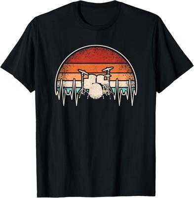 Drummer Heartbeat Sunset Vintage Drum Kit Graphic Tee Retro Men Women Casual T-Shirt