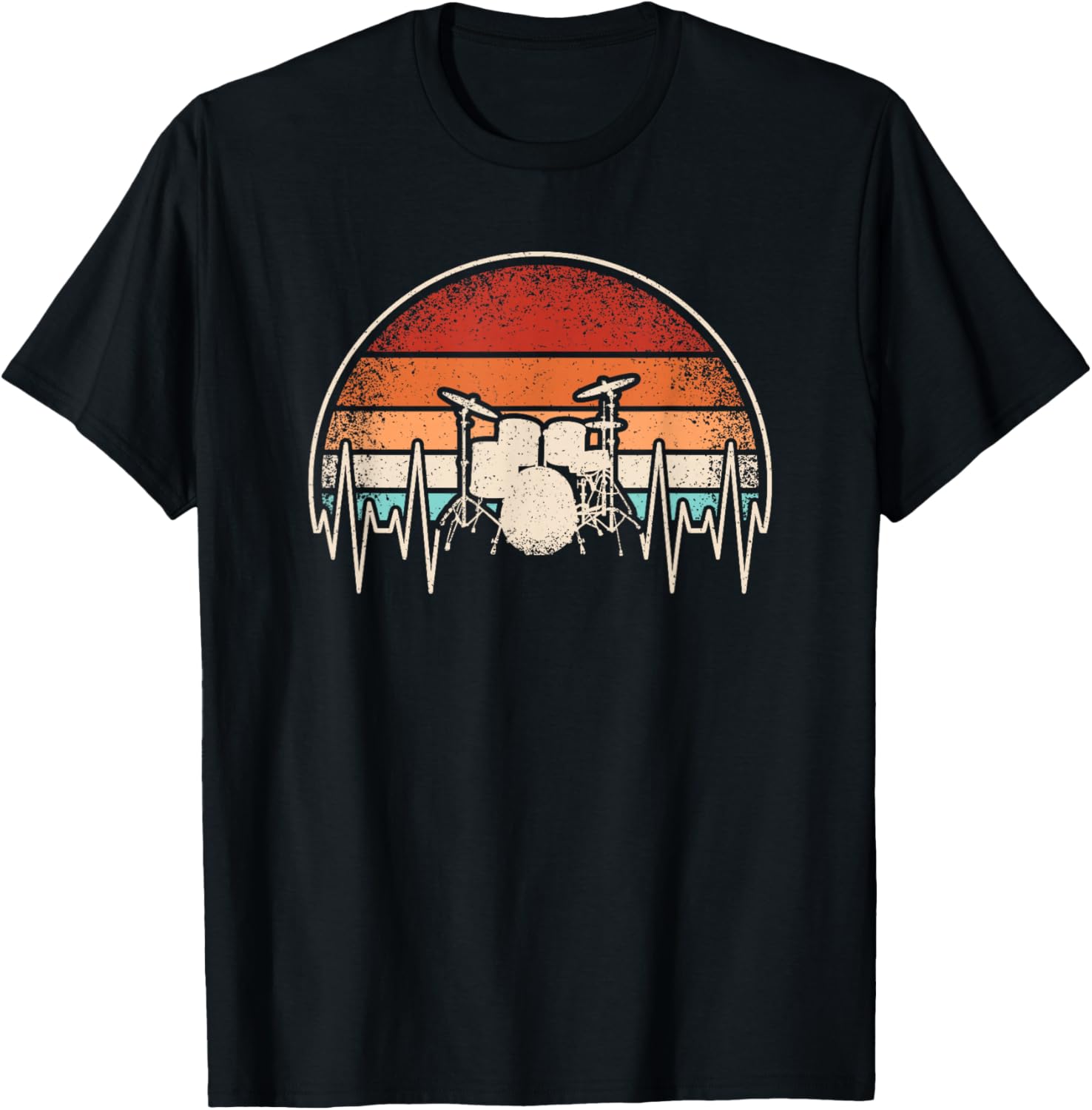 

Drummer Heartbeat Sunset Vintage Drum Kit Graphic Tee Retro Men Women Casual T-Shirt 4XL
