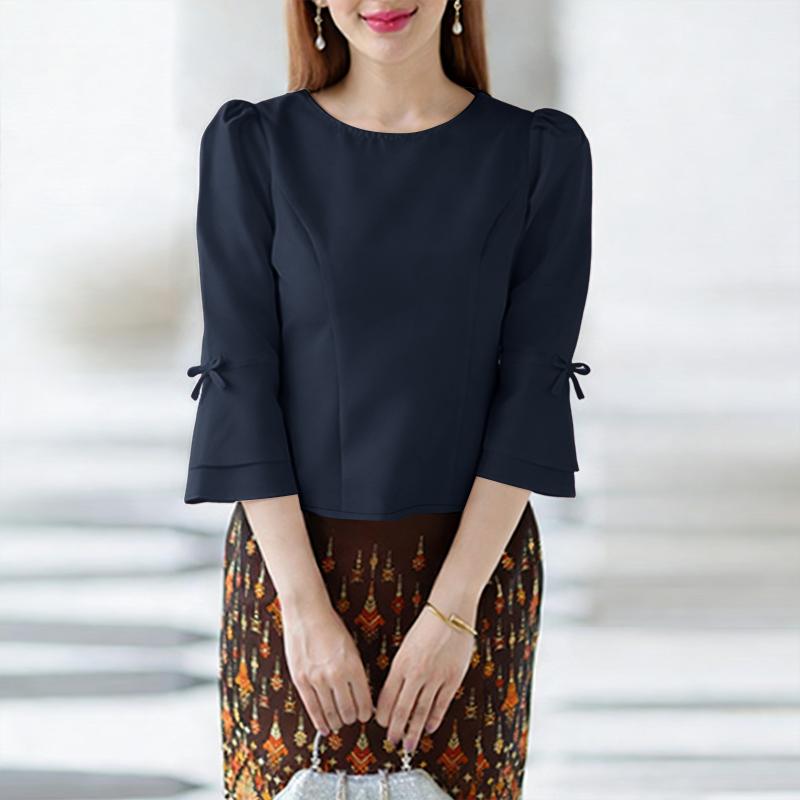 ZANZEA Women Casual Round Neck Solid Color 3/4 Sleeve Blouse