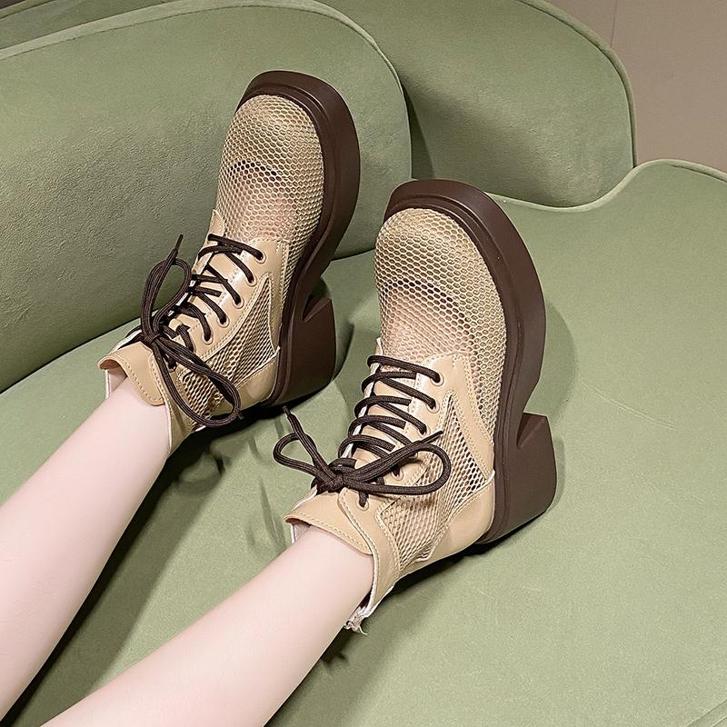 Fashion Aphixta 7cm Square Heel Breathable Mesh Ankle Boots Women Platform Lace Up Zip Close Summer Boots Platform Shoes Woman Boats