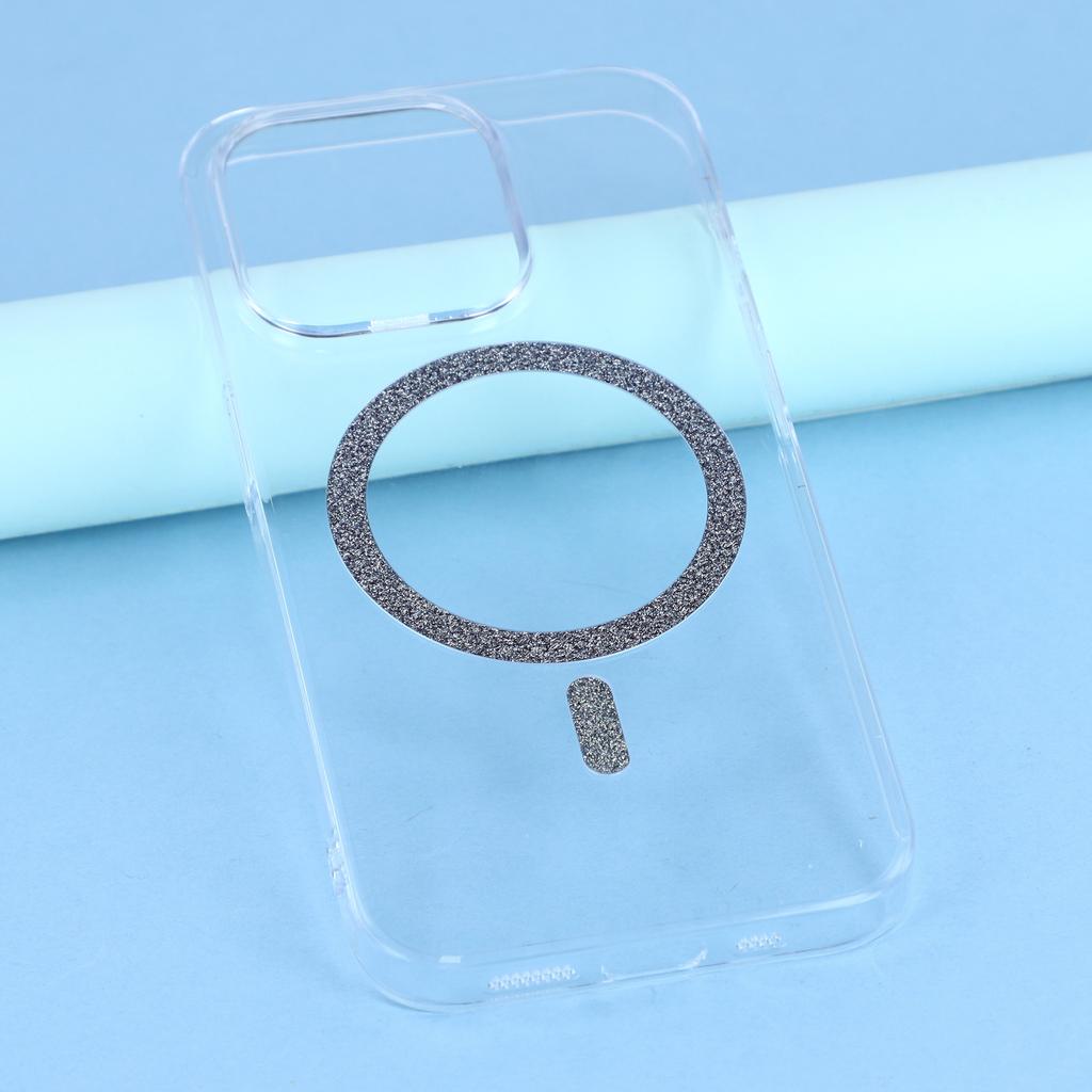 For iPhone 14 Pro Magnetic Case Glitter Ring 1.5mm Hard PC Clear Phone Cover