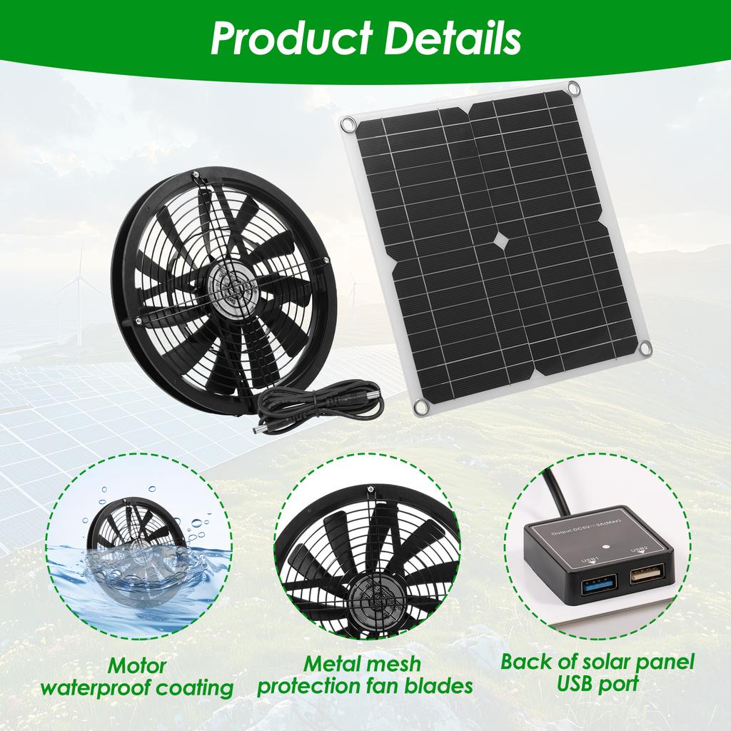 100W Solar Panel Fan Kit Waterproof Powered Exhaust Round Fan Maintaining Air Circulation for Chicken Coop Greenhouse Shed