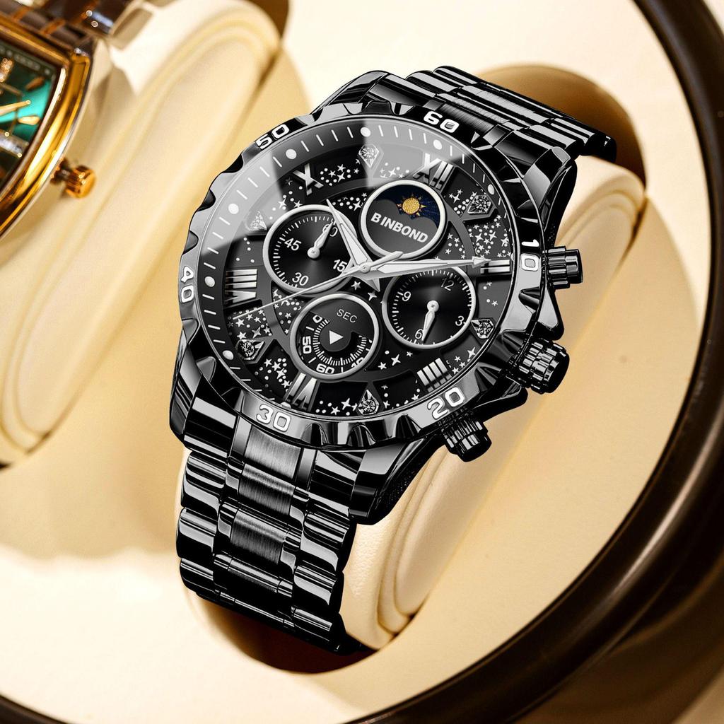 BINBOND Men's Luminous Stainless Steel Moon Phase Quartz Watch