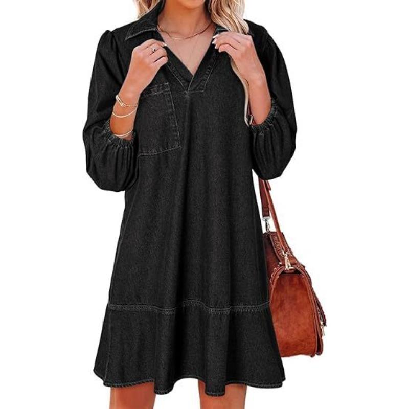 European and American foreign trade denim dress new loose top group casual V-neck seven-point bubble sleeves