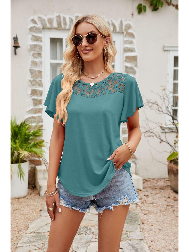European and American Women's Solid Color Mesh Ruffle Short Sleeve T-shirt
