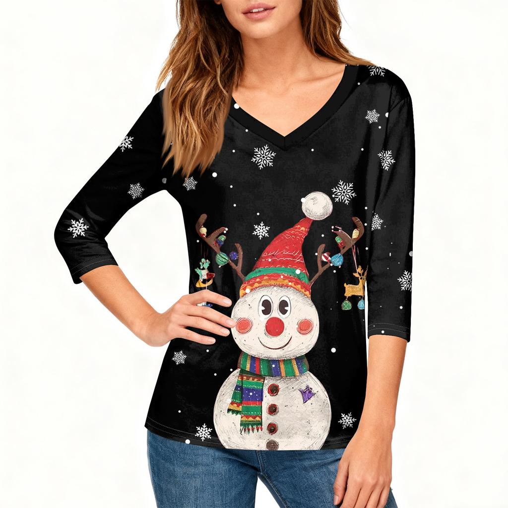 3/4 Sleeve Shirts For Women Print Christmas Tees Blouses Casual Plus Size Basic Tops Pullover