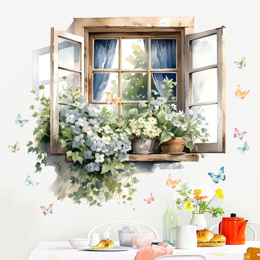 Multicolor Wall Sticker PVC Self-Adhesive Window View Flowal Stickers Watercolor Background Ornament Wallpaper Living Room