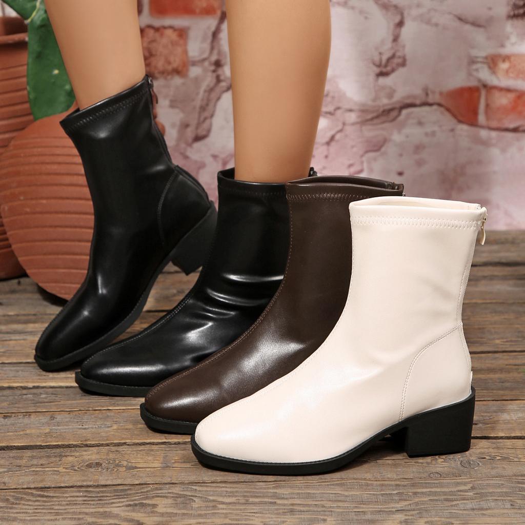 New European and American style square head thick heel short boots women's solid color rear zipper low tube fashion boots large size women's shoes