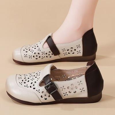 Dame Lær Baotou Utskårne Flate Sandaler Sommer Ny Myk Såle Sklisikker Retro Rund Tå Lett Slip-On Hule Sko