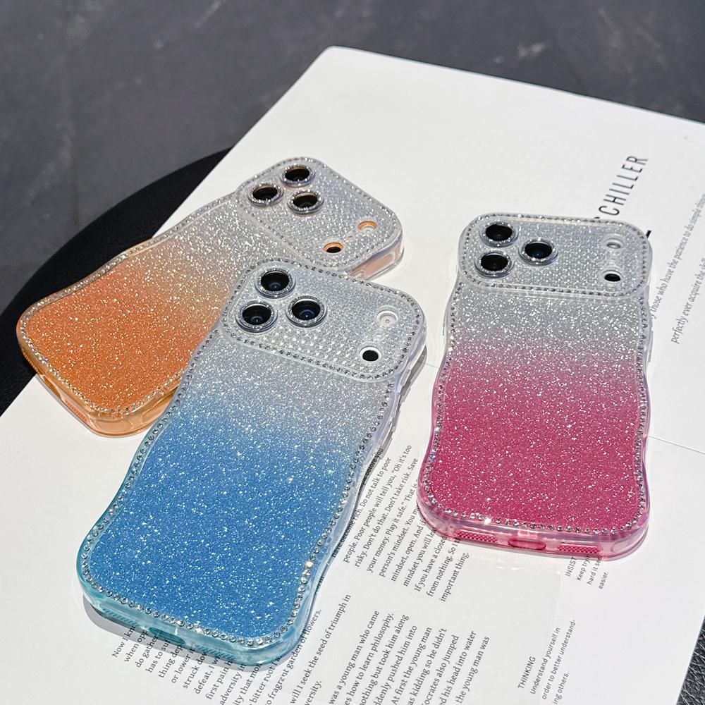 KEYSION Gradient Glitter Jewelled Phone Case for iPhone 16 17 Pro Max Air 16 Plus Wavy Border Lens Protector Shockproof Cover
