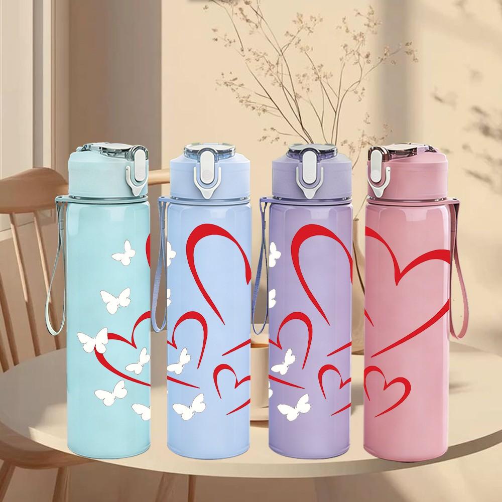1PC Two Overlap Red Heart Line Print 750ml Color Plastic Sports Water Bottle Leakproof Flip Straw Lid Suitable for Sports Office Home Use