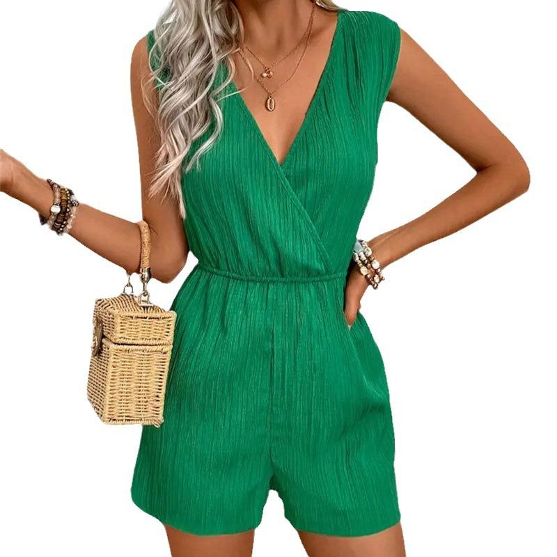 Dámský letní ležérní krátký overal bez rukávů se zkříženým výstřihem