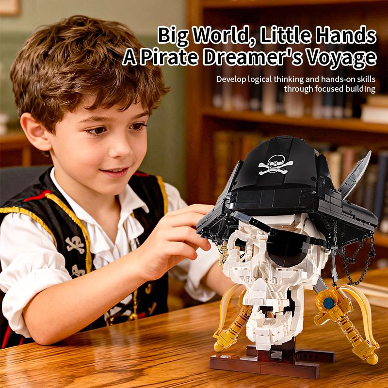 Pirate Skull MOC Blocks Skeleton Model Creative Building Toys for Boys Kids Adult Gifts 1100+Pcs DIY Bricks Sets Room Ornament