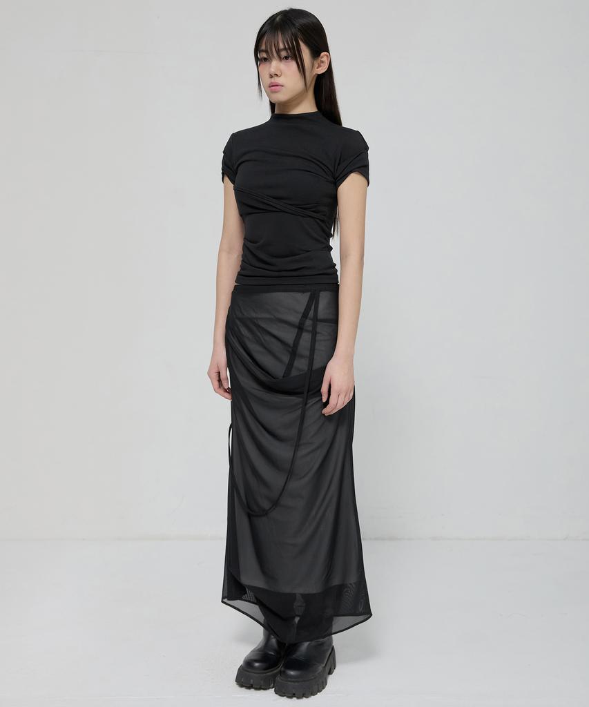 Peulleeoeob Asymmetrical Draped Mock Neck T-Shirt (Fl-126_Black)