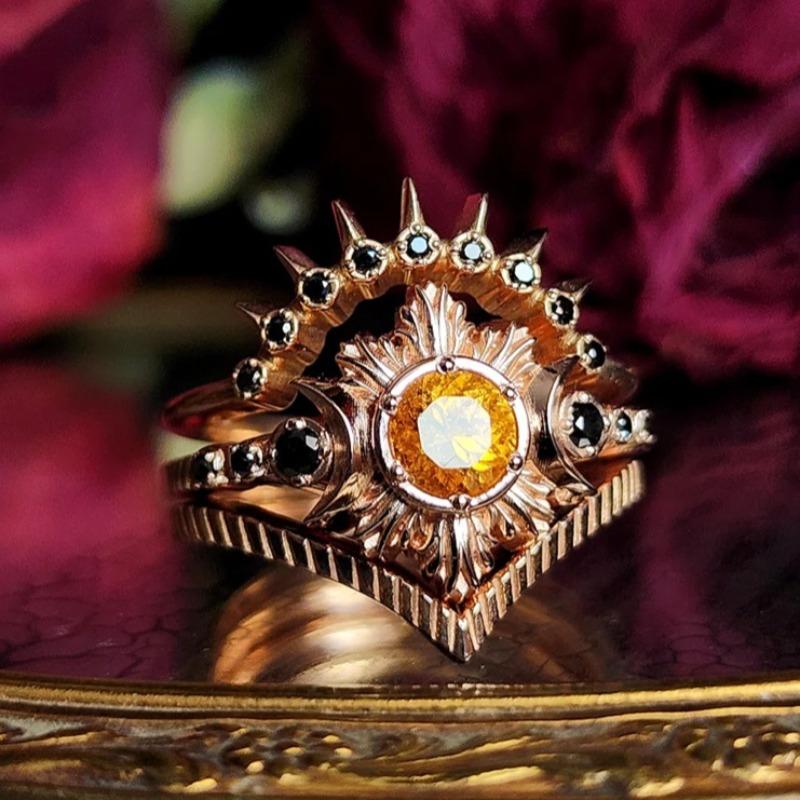 Bagues Vintage pour Femmes Couleur Or Ronde Fleur Pierre Jaune Noire Ensemble Bagues Accessoires de Fête Cadeau