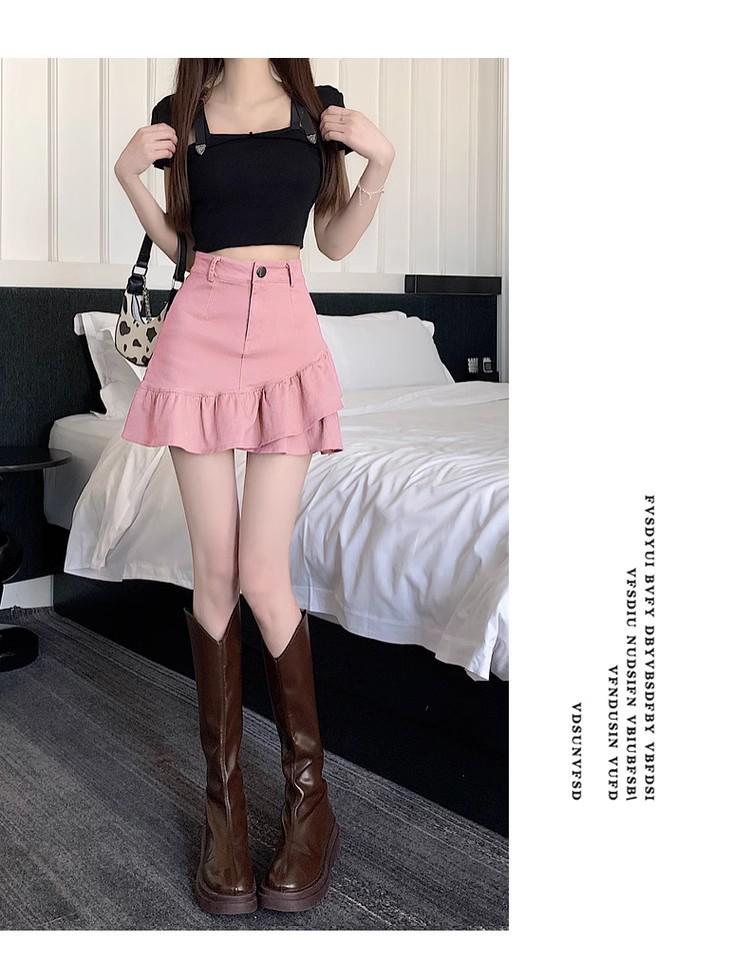 Damen Schwarzer High Waist A-Linien Midi-Rock mit Rüsche - Frühling/Sommer Schlankmachendes und Anti-Expositions-Design