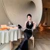 Temperament Celebrity Heavy Industry Order Diamond Neck Light Luxury Black Dress Slim Female Golden Velvet Dress Dress