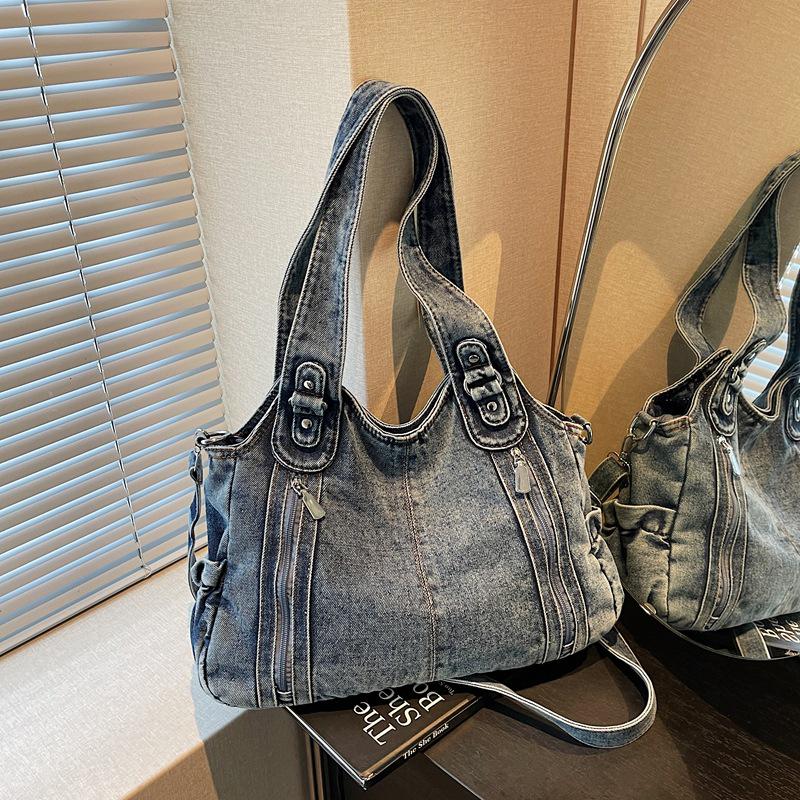 Large Vintage Denim Tote Bag - Casual Single Shoulder and Crossbody Versatile Style